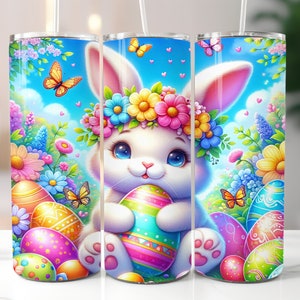 May include: A white bunny with a pink nose and blue eyes wearing a flower crown holds a colorful Easter egg. The bunny is surrounded by colorful Easter eggs and flowers.