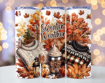 Fall Sweater Weather Tumbler Wrap, Seamless 20 oz Tumbler Wrap, Sublimation Design, Fall Vibes, Cozy Coffee, Autumn Leaves, PNG Download
