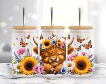 Sunflower Floral Highland Cow Sleeping - 16oz Libbey Clear/Frosted Glass Can Wrap Sublimation Design, PNG Digital Download
