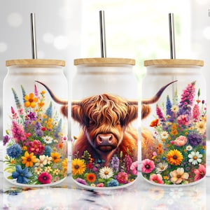 Highland Cow Floral Colorful Spring Flowers 16 oz Libbey Frosted Glass Can Tumbler Wrap Sublimation Design PNG Digital Download
