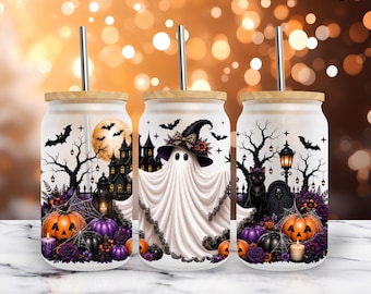 Halloween Ghost Glass Can Wrap PNG 16oz Libbey Can Spooky Vibes Sublimation Design (Digital Download)