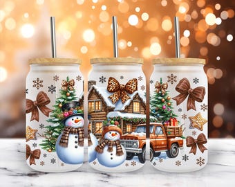 Rustikaler Weihnachtsschneemann 16 Unze Libbey Glasdosenverpackung Sublimationsdesign, PNG Digital Download