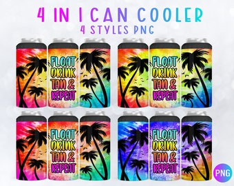 Float Drink Tan & Repeat, 4 in 1 Can Cooler Tumbler Wrap, Sublimation Design, Summer Tumbler, Beach Tumbler, 4 PNG Files Instant Download