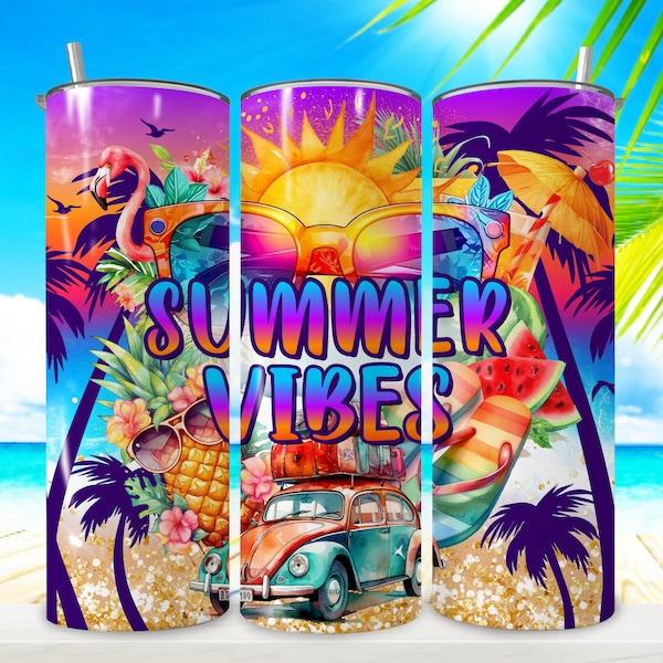 Summer Vibes Tumbler Wrap, Beach Tumbler, SummerTime, Summer PNG, Palm Trees Tropical Design, 20 oz Skinny Tumbler Sublimation Design, PNG