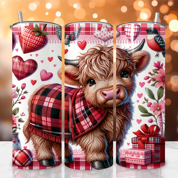 Highland Cow Valentine's Day Tumbler Wrap, Love Hearts buffalo plaid Design,  Sublimation Design, 20oz Skinny Tumbler, PNG Digital Download