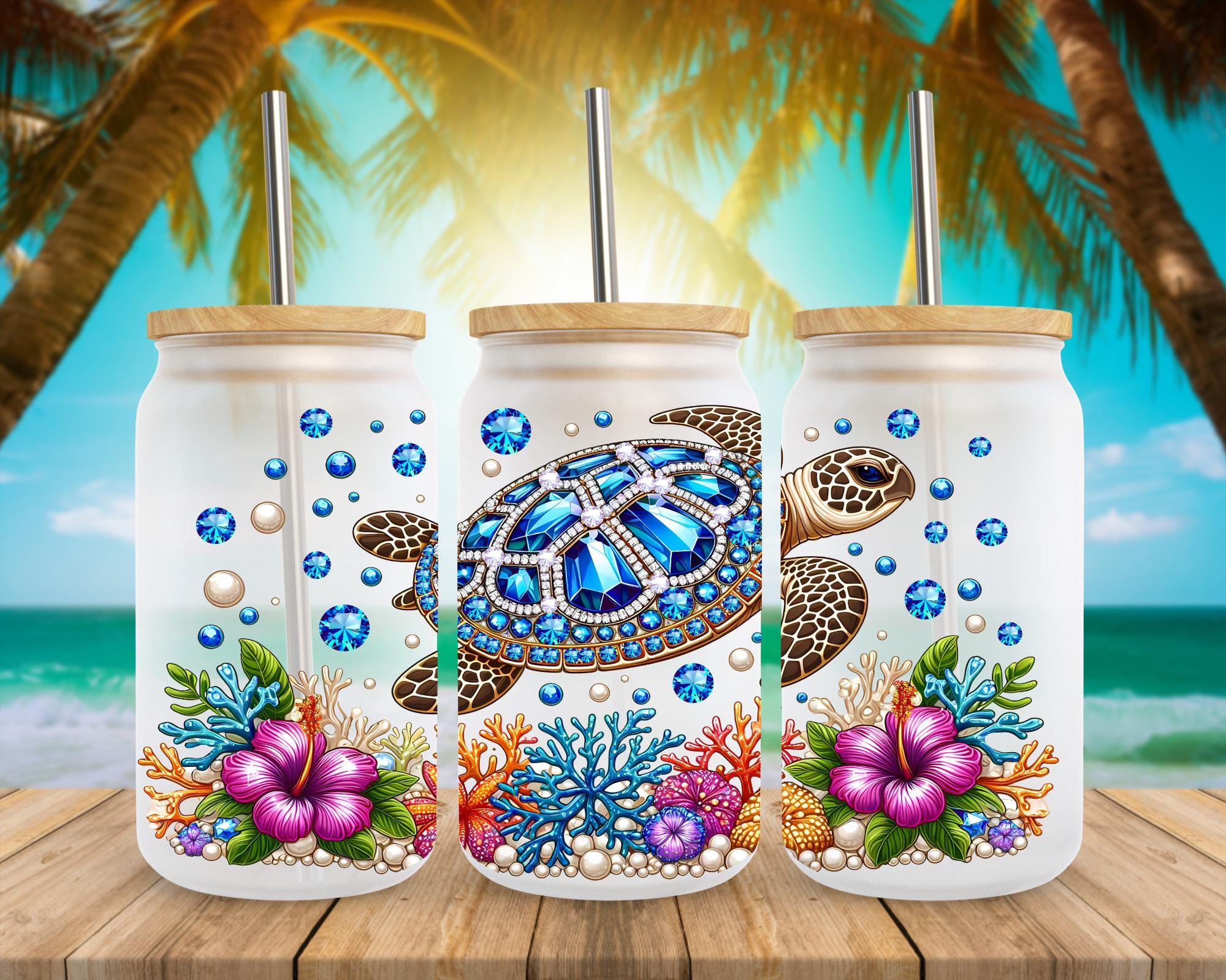 Rhinestone Sea Turtle 16oz Libbey Glass Can Wrap, Summer Jeweled Ocean ...