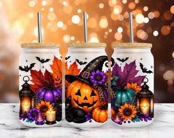 Halloween Spooky Pumpkin Witch Hat 16oz Libbey Glass Can Wrap PNG, Fall Autumn Sublimation Design (Digital Download)