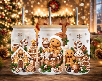 Gingerbread Christmas 16oz Libbey Glass Can Wrap PNG Sublimation Design (Digital Download)