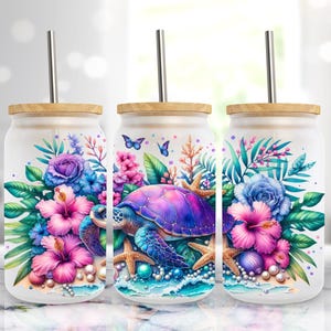 Sea Turtle 16oz Libbey Glass Can Sublimation Design, Summer Glass Can Wrap Cup, Beach Glass Can, PNG, Digital Download
