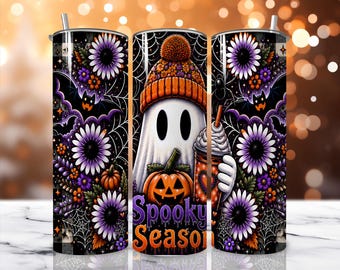Floral Ghost Halloween Tumbler Wrap PNG, Spooky Season 20oz Skinny Seamless Sublimation Digital Download