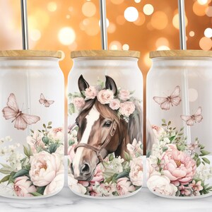 Boho Pink Floral Horse, 16 Oz Libbey Glass Can Wrap Sublimation Design, Frosted Glass Tumbler Cup, PNG Digital Download