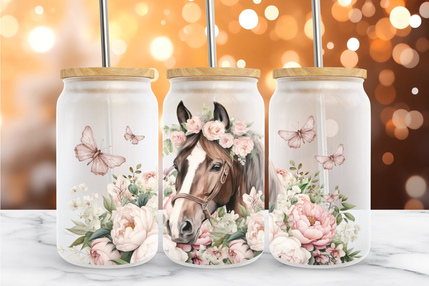 Boho Pink Floral Horse, 16 Oz Libbey Glass Can Wrap Sublimation Design ...