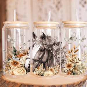 Boho Floral Horse, 16 Oz Libbey Glass Can Wrap Sublimation Design ...