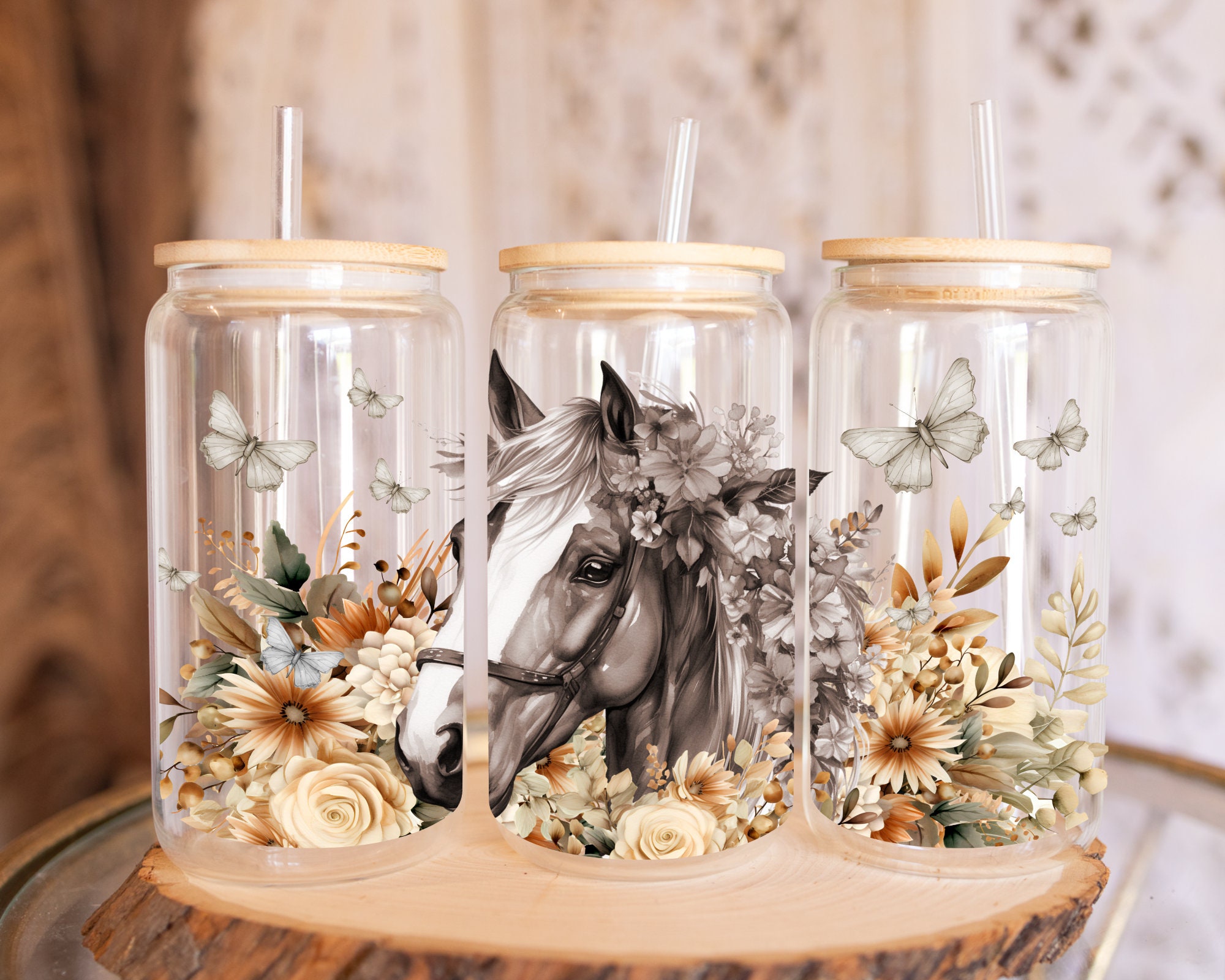Boho Floral Horse, 16 Oz Libbey Glass Can Wrap Sublimation Design ...
