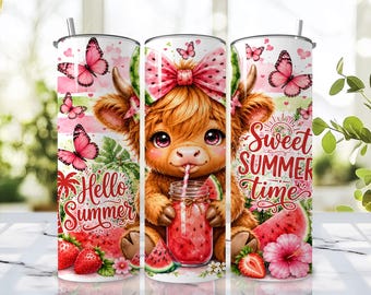 Watermelon Highland Cow Sweet Summer Time 20 oz Skinny Seamless Tumbler Wrap Sublimation Design PNG Digital Download
