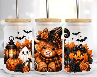 Witch Highland Cow & Cute Ghost Halloween Glass Can Wrap PNG, 16oz Libbey Cup Wrap, Fall Pumpkin Sublimation Design (Digital Download)