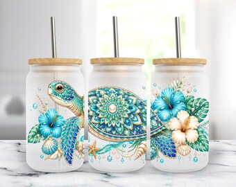 Sea Turtle Summer Mandala - 16 oz Libbey Glass Can Wrap Sublimation Design, PNG Digital Download