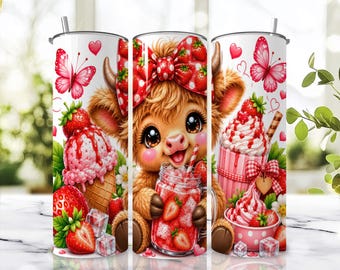 Strawberry Highland Cow Tumbler Wrap PNG, 20 oz Skinny Tumbler Sublimation Design, Seamless Summer Tumbler Wrap, Digital Download