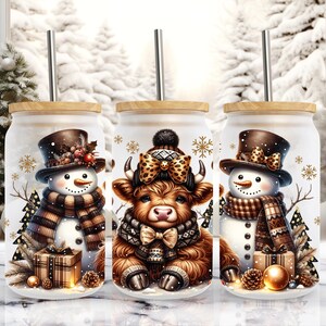 Christmas Brown Baby Highland Cow and Snowman 16 oz Libbey Glass Can Wrap Sublimation Design, Christmas Winter 16 oz Cup, PNG Download