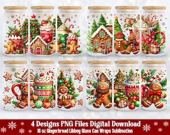 Christmas Gingerbread Cookie Glass Can Wrap PNG, 16oz Libbey Sublimation Bundle (4 Files), Holiday Winter Coffee Cup (Digital Download)