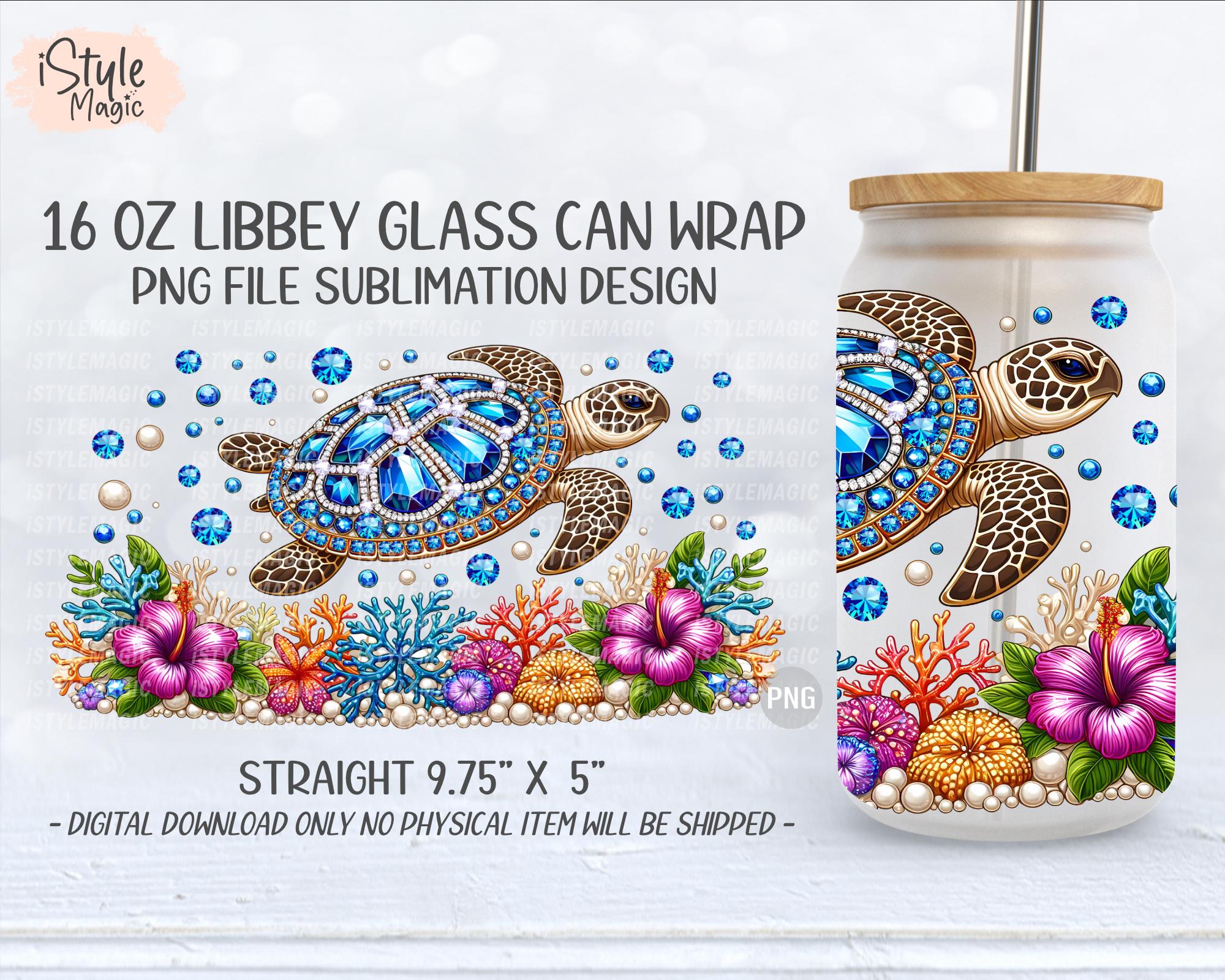 Rhinestone Sea Turtle 16oz Libbey Glass Can Wrap, Summer Jeweled Ocean ...