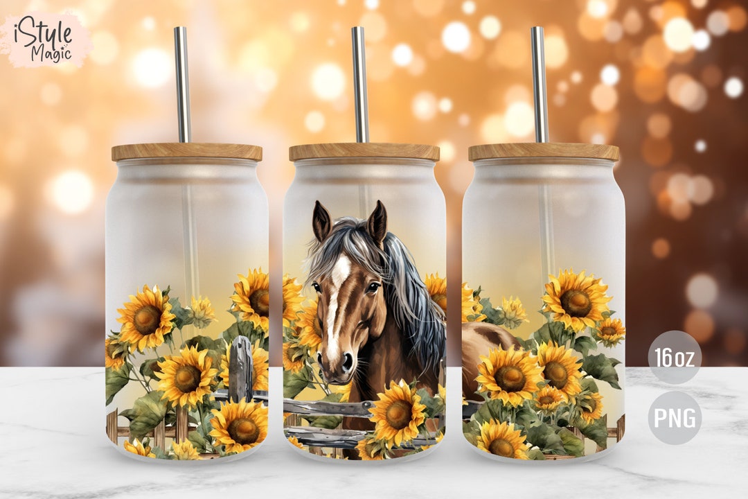 Horse and Sunflowers Fence, 16 Oz Libbey Glass Can Wrap Sublimation ...