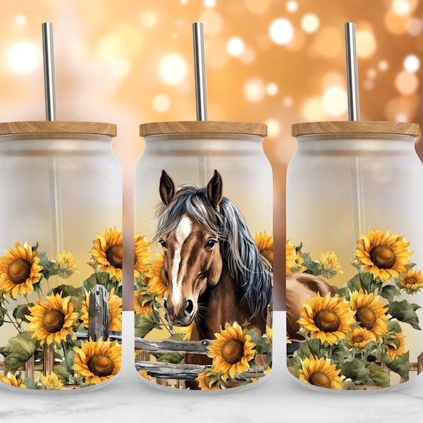 Horse and Sunflowers Fence, 16 Oz Libbey Glass Can Wrap Sublimation Design, Frosted Glass Tumbler Cup, PNG Digital Download