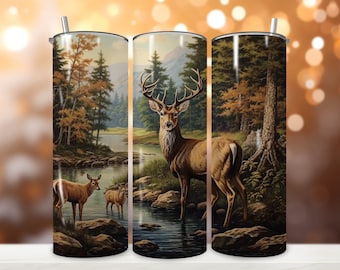 Deers Hunting At The River Outdoors Tumbler Wrap, Rustic Sublimation Design, 20 oz Skinny Tumbler, PNG Digital Download