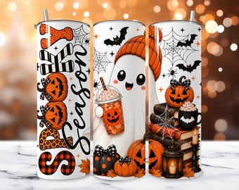 Spooky Season Halloween Tumbler Wrap PNG, 20oz Skinny Tumbler Design, Cute Ghost Coffee Pumpkin Sublimation Design (Digital Download)
