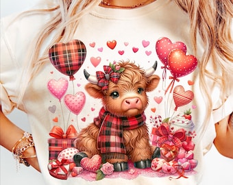 Valentinstag Baby Highland Kuh Herzen PNG, T-Shirt Sublimation Design, PNG Digital Download