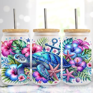 Sea Turtle 16oz Glass Can Sublimation Design, Floral Summer Glass Can Wrap Cup  PNG, Digital Download