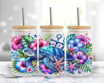 Sea Turtle 16oz Glass Can Sublimation Design, Floral Summer Glass Can Wrap Cup  PNG, Digital Download