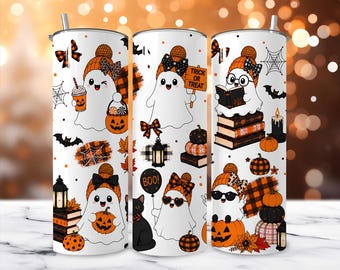 Fall Coquette Ghost Halloween Tumbler Wrap PNG, 20oz Skinny Sublimation Design (Digital Download)