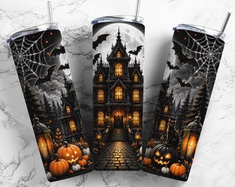 Gothic Haunted House Halloween Tumbler Wrap PNG, 20 oz Skinny Tumbler Spooky Season Sublimation (Digital Download)