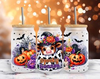 Spooky Season Highland Cow Ghost Halloween Glass Wrap PNG 16oz Libbey Can Sublimation Design (Digital Download)
