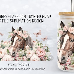 Boho Pink Floral Horse, 16 Oz Libbey Glass Can Wrap Sublimation Design, Frosted Glass Tumbler Cup, PNG Digital Download