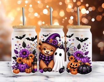 Highland Cow Ghost Halloween Glass Wrap PNG 16oz Libbey Can Spooky Season Fall Sublimation Design (Digital Download)