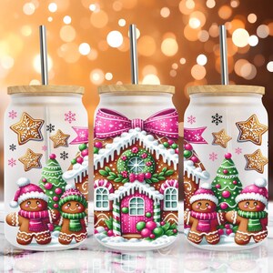 Cute Pink Gingerbread Man and Gingerbread House 16 oz Libbey Frosted Glass Can Wrap Sublimation Designs, Christmas Cup, PNG Digital Download