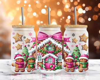 Cute Pink Gingerbread Man and Gingerbread House 16 oz Libbey Frosted Glass Can Wrap Sublimation Designs, Christmas Cup, PNG Digital Download