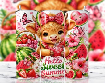 Hello Sweet Summer Watermelon Highland Cow Seamless Tumbler Wrap, 20oz Skinny Tumbler Sublimation Design PNG Digital Download