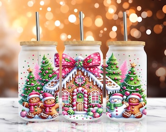 Cute Pink Gingerbread Man and Gingerbread House 16 oz Libby Glass Can Wrap Sublimation Designs, Christmas Cup, PNG Digital Download
