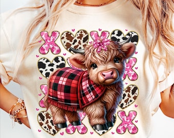 Valentine Baby Highland Kuh PNG, XOXO Herzen Coquette Design, T-Shirt Sublimation, PNG Digital Download
