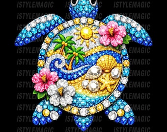 Faux Strass Schildkröte PNG, Sommer Tropischer Hibiskus Ozean Sublimationsdesign, T-Shirt Design (digitaler Download)