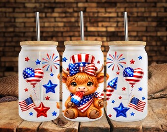 Fourth Of July Highland Cow 16oz Libbey Glass Can Wrap Patriotic Sublimation Design (Digital Download)
