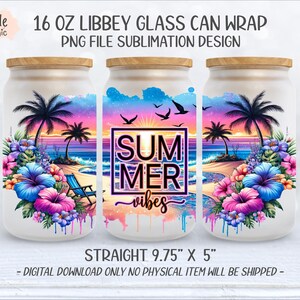 Summer Vibes - 16oz Libbey Glass Can Wrap Sublimation, Beach Palm Trees ...