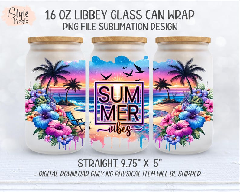 Summer Vibes - 16oz Libbey Glass Can Wrap Sublimation, Beach Palm Trees ...