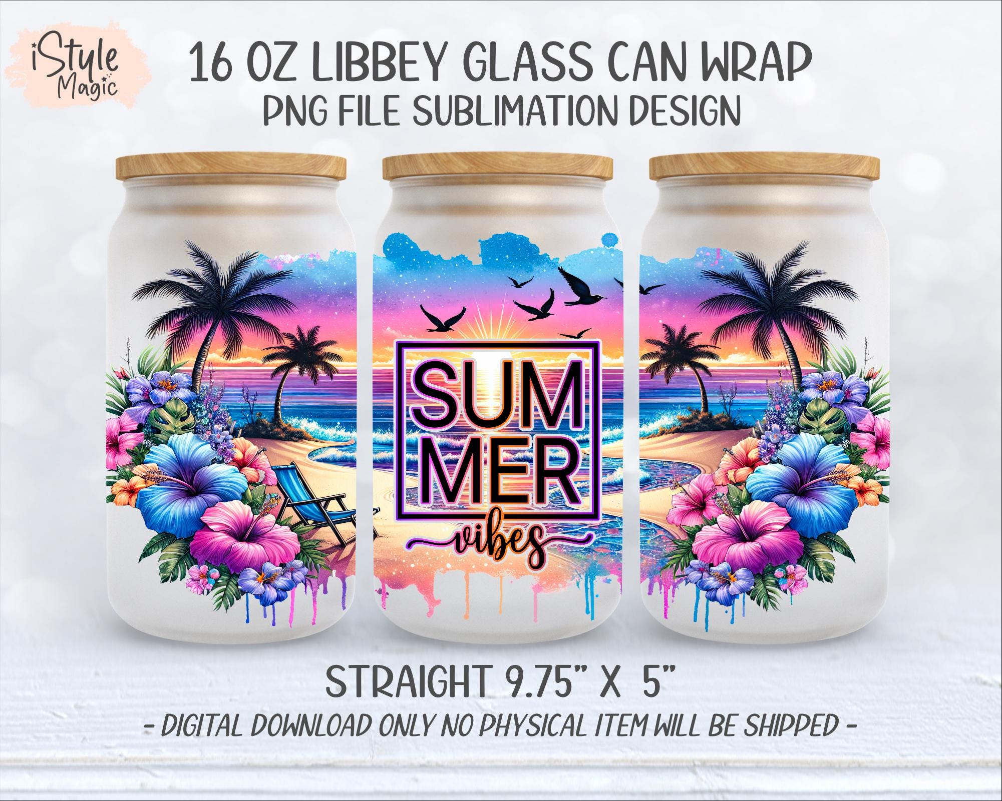 Summer Vibes - 16oz Libbey Glass Can Wrap Sublimation, Beach Palm Trees ...
