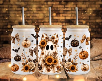 Halloween Ghost Glass Can Wrap PNG, 16oz Libbey Wrap, Fall Sunflower Floral Leopard Bow Sublimation Design, Spooky Season (Digital Download)
