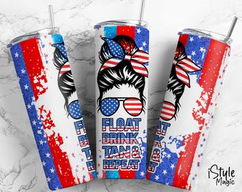 Float Drink Tan Repeat, Summer Tumbler Wrap, 4th of July American Flag Designs, 20 oz Skinny Tumbler, Sublimation Designs, PNG Download