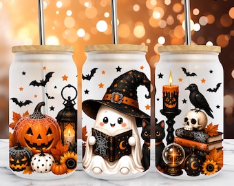 Halloween Ghost Reading Book Glass Can Wrap PNG, 16oz Libbey Sublimation Design, Witchy Spell book (Digital Download)